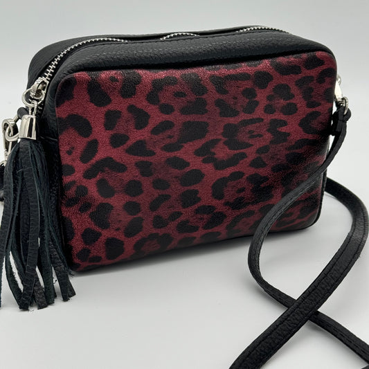 Metallic Leopard Front Black Leather Bag